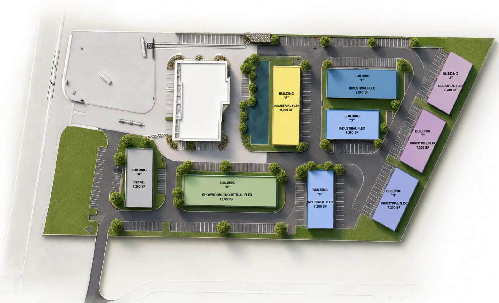 Site plan for McKinney Flex Park at 1990 N McDonald Street: nine buildings around a central drive aisle — Building A retail 7,200 SF, Building B showroom and industrial flex 12,600 SF, Buildings E and F industrial flex 9,600 SF each, and Buildings D, G, H, I and J industrial flex 7,200 SF each.