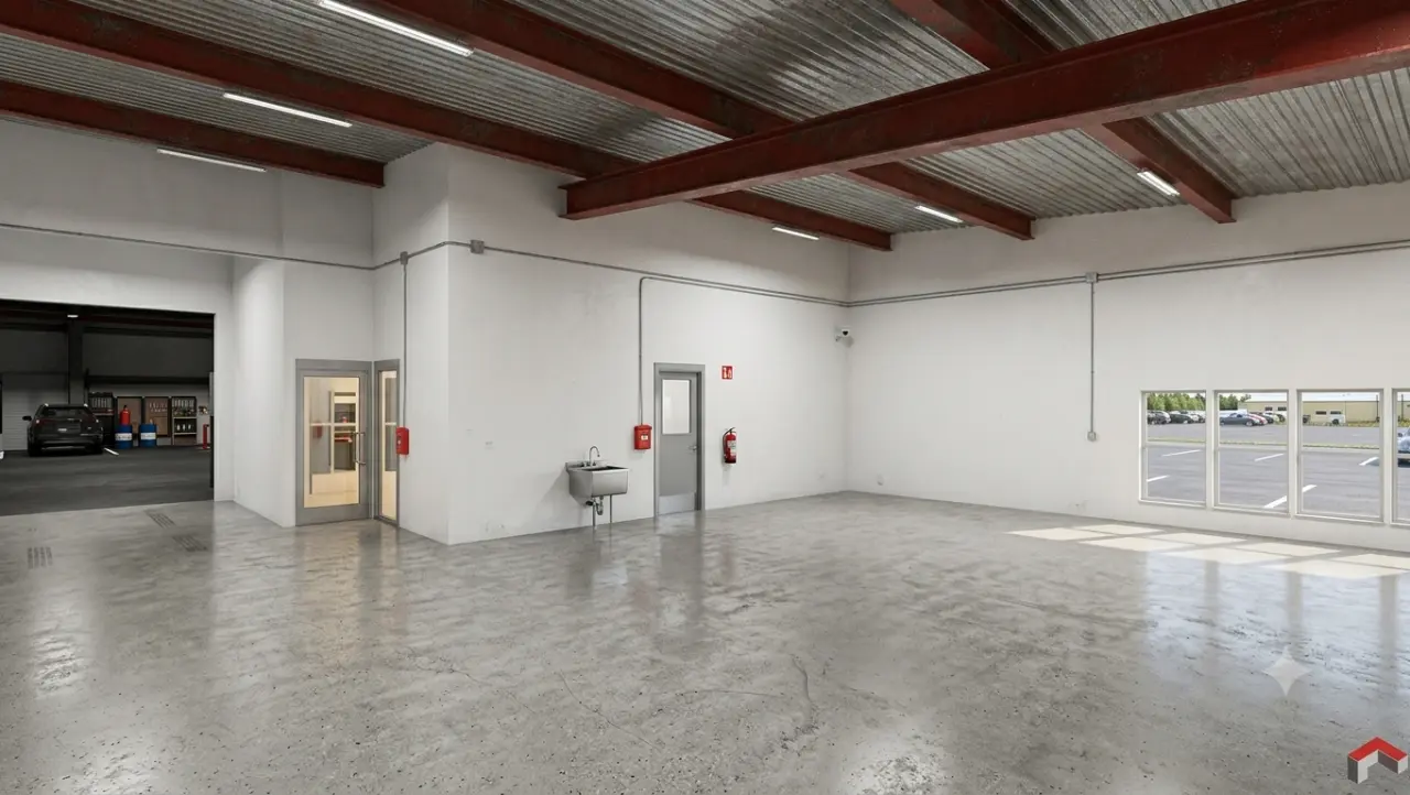 Open warehouse bay with a glass storefront, suited to an e-commerce operation moving out of a garage