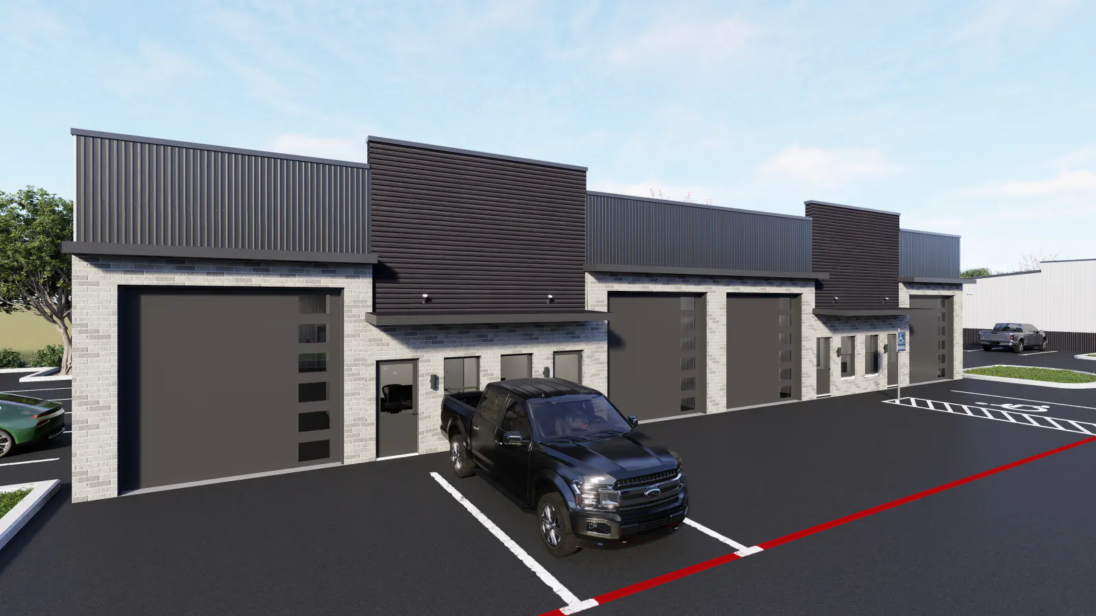 1,500 SF standard bay exterior, Buildings B through D