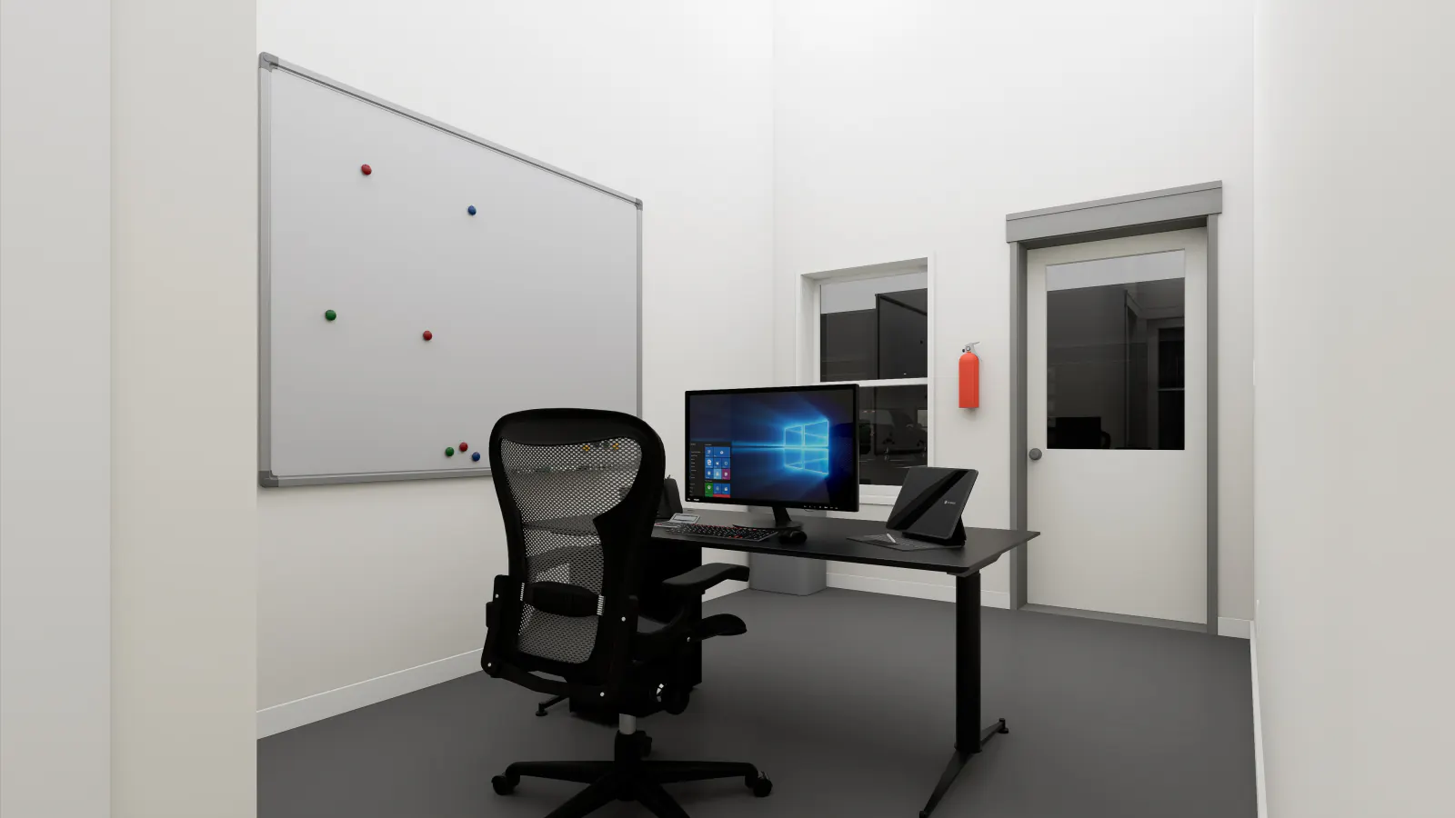 Front office inside a 2,000 SF ScaleUp small-bay flex unit in Rockwall, Texas, where a tenant would sign a lease