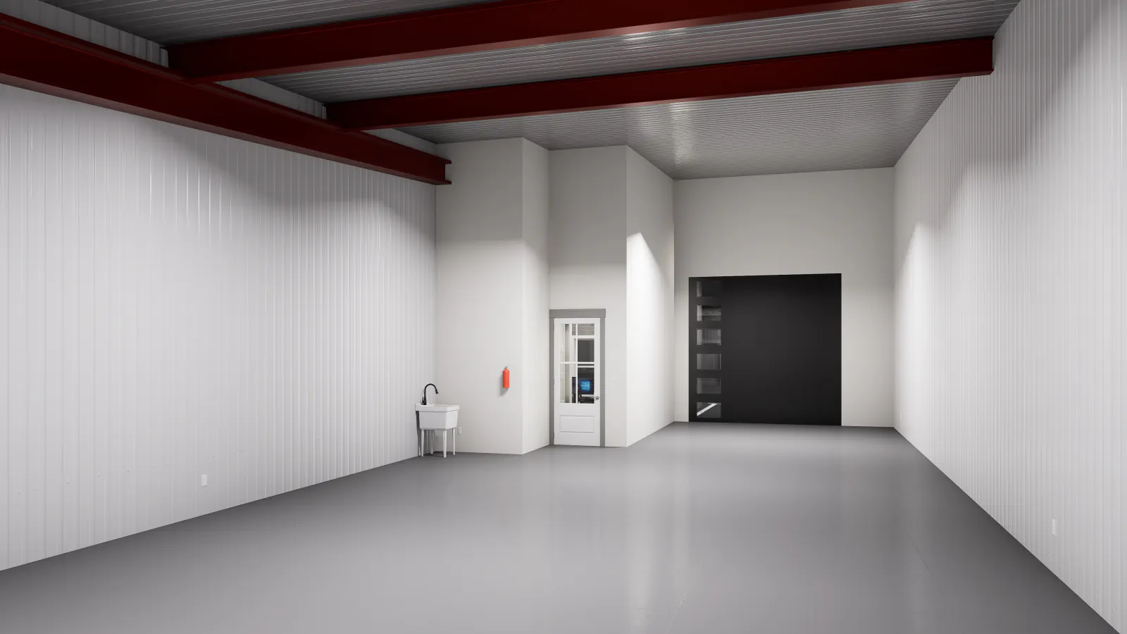 Rendering of the warehouse bay in a 2,000 SF unit at Rockwall Flex Park in Rockwall, Texas, showing metal panel walls, a utility sink, and a grade-level roll-up door