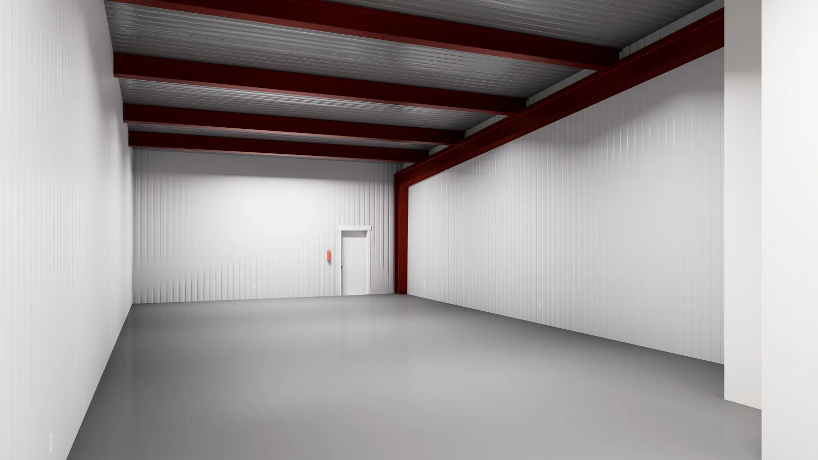2,000 SF warehouse bay from the opposite side, exposed red steel framing