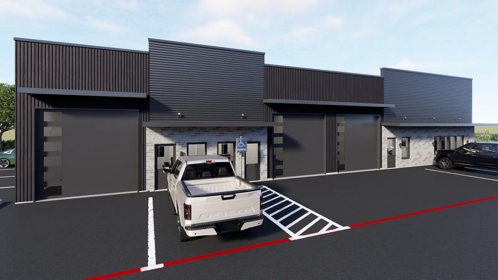 3,000 SF showroom unit exterior from the opposite end of Building A