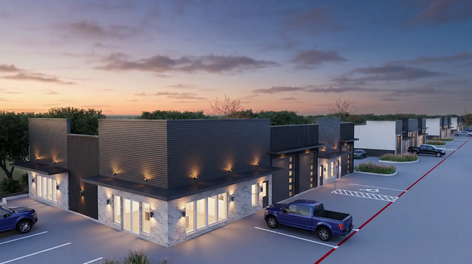 Aerial view of ScaleUp Flex Park in Rockwall, Texas, showing parking in front of each small-bay unit