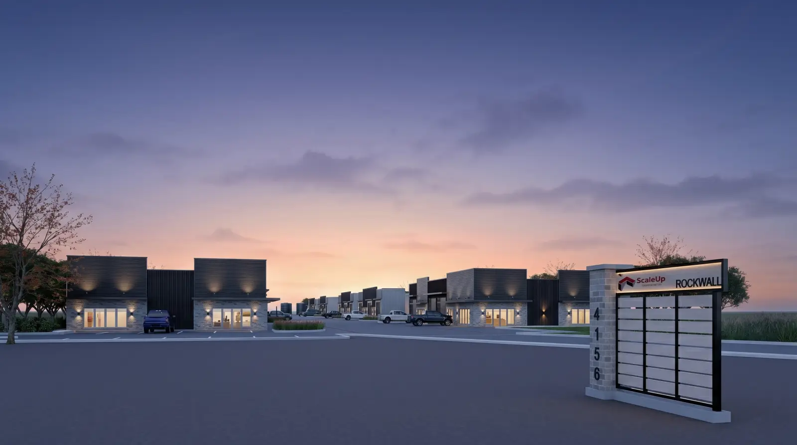 Main entrance drive of ScaleUp Flex Park in Rockwall, Texas